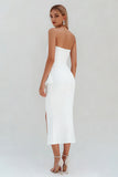 White Strapless Ruffle Sheath Midi Engagement Dress With Slit