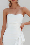 White Strapless Ruffle Sheath Midi Engagement Dress With Slit