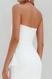 White Strapless Ruffle Sheath Midi Engagement Dress With Slit