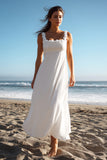 White A Line Square Neck Long Engagement Dress With 3D Flowers