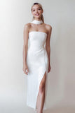 White Strapless Sheath Midi Engagement Dress With Slit