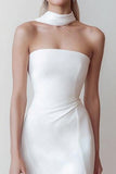 White Strapless Sheath Midi Engagement Dress With Slit