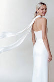 White Strapless Sheath Midi Engagement Dress With Slit
