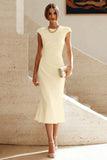 White Sheath Midi Formal Dress with Cap Sleeves