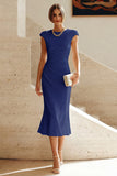 White Sheath Midi Formal Dress with Cap Sleeves