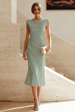 White Sheath Midi Formal Dress with Cap Sleeves