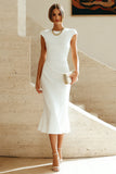 White Sheath Midi Formal Dress with Cap Sleeves