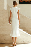 White Sheath Midi Formal Dress with Cap Sleeves