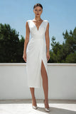 White V-Neck Ruched Sheath Midi Formal Dress With Slit