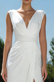 White V-Neck Ruched Sheath Midi Formal Dress With Slit