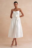 White A Line Spaghetti Straps Midi Dress With Bow
