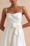 White A Line Spaghetti Straps Midi Dress With Bow