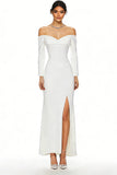 Sheath White Off the Shoulder Long Sleeve Formal Dress With Slit