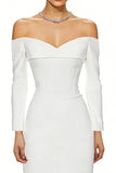 Sheath White Off the Shoulder Long Sleeve Formal Dress With Slit