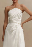 White Satin A Line Ruched Formal Dress With Belt