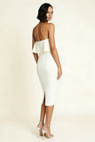 White Strapless Midi Sheath Engagement Dress With Slit