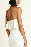 White Strapless Midi Sheath Engagement Dress With Slit