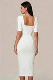 Sheath White Square Neck Midi Formal Dress