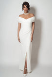 Off the Shoulder White Ruched Sheath Long Formal Dress With Slit