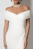 Off the Shoulder White Ruched Sheath Long Formal Dress With Slit