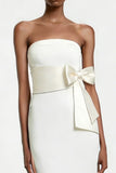 Strapless White Sheath Midi Registry Office Wedding Dress With Bow