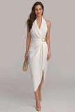 Halter White Sheath Midi Formal Dress With Slit