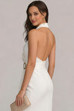 Halter White Sheath Midi Formal Dress With Slit