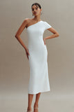One Shoulder White Sheath Midi Formal Dress