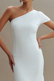 One Shoulder White Sheath Midi Formal Dress
