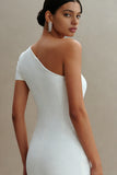 One Shoulder White Sheath Midi Formal Dress