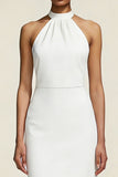 Simple Halter White Sheath Midi Formal Dress