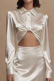 Ivory Satin Cut-Out Sheath Midi Dress With Long Sleeves