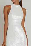 Sparkly White Halter Sheath Midi Engagement Party Dress