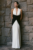 Black and White Halter Sheath Long Formal Dress