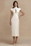 Keyhole Ivory High Neck Sheath Midi Engagement Dress