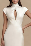 Keyhole Ivory High Neck Sheath Midi Engagement Dress