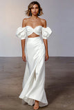 White Off the Shoulder Satin Long Engagement Dress
