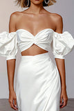 White Off the Shoulder Satin Long Engagement Dress