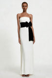 White Sheath Strapless Long Formal Dress With Bow Belt