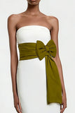 White Sheath Strapless Long Formal Dress With Bow Belt