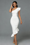 Mermaid White One Shoulder Midi Formal Dress With Ruffles
