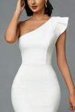 Mermaid White One Shoulder Midi Formal Dress With Ruffles