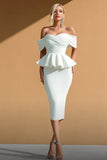 White Off the Shoulder Bodycon Midi Formal Dress With Ruffles
