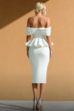 White Off the Shoulder Bodycon Midi Formal Dress With Ruffles