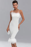 White Bodycon Spaghetti Straps Hen Party Dress with Feathers