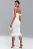 White Bodycon Spaghetti Straps Hen Party Dress with Feathers