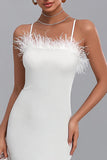 White Bodycon Spaghetti Straps Hen Party Dress with Feathers