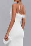 White Bodycon Spaghetti Straps Hen Party Dress with Feathers