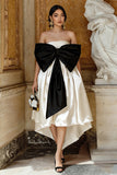 Black and White Strapless A Line Midi Prom Dress With Bow