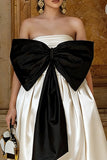 Black and White Strapless A Line Midi Prom Dress With Bow